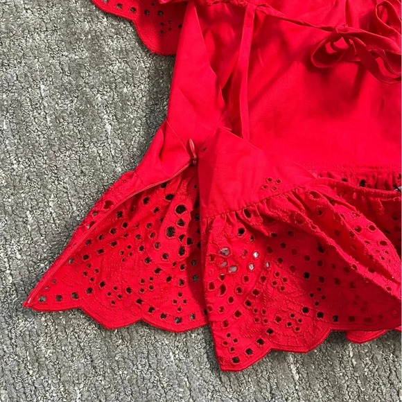 NWT Zara Openwork Embroidered Top Red Eyelet Ruffle Small - Picture 7 of 8